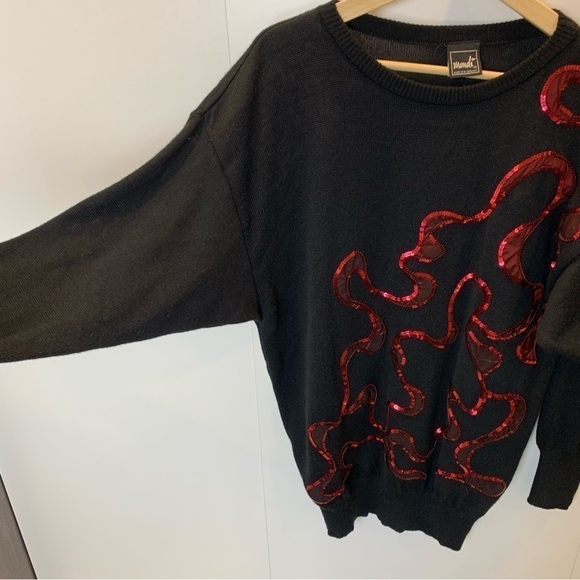 Vintage Mondi Red Sequined Black Wool Blend Art To Wear Batwing Sweater US8 EU38 - Picture 3 of 9